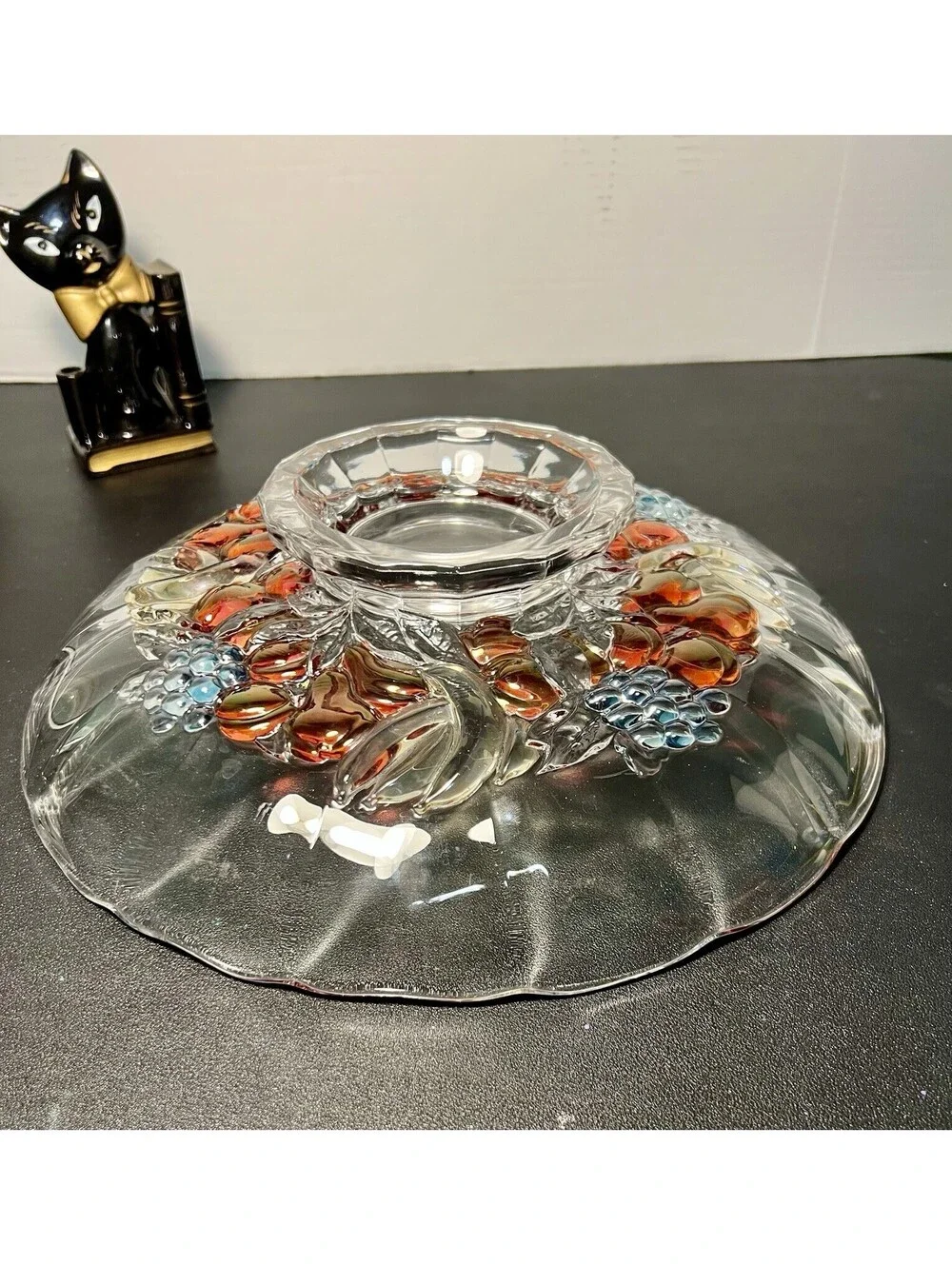 Indiana Glass 1960s Garland Amber Red Blue Fruit Footed Centerpiece Bowl, 13”